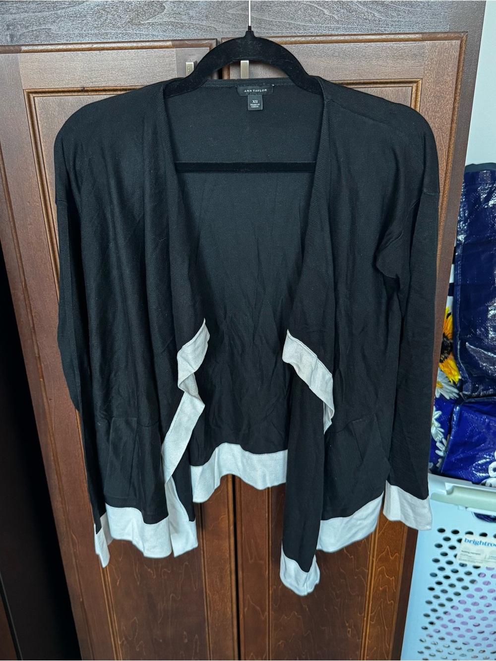 Ann Taylor Black White Open Front Cardigan Silk Cotton Blend Draped Hem XS
